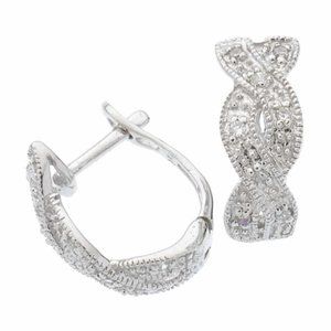 Solid 14K White gold Twisted Vine Natural Diamond Pave Huggie Hoops .50”